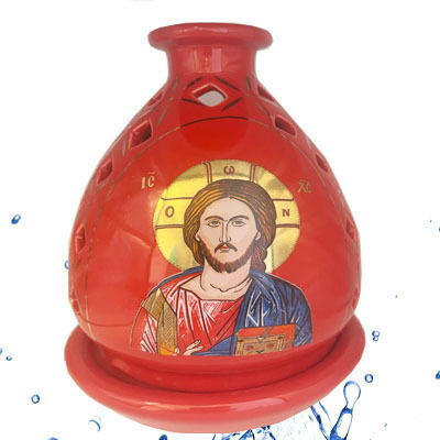 Vigil Oil Lamp Red Porcelain Height 16cm Image of Jesus Christ