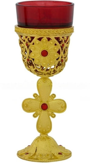 Vigil Oil Lamp Tabletop Cross Gold & Stones 18x7cm Red Vigil Cup