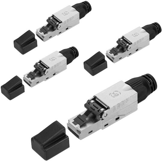Set 4 Conectori RJ-45 Cat6a Ecranate pentru Cabluri Ethernet Cat6a Kwmobile Argintii Negri Metal 52520.04