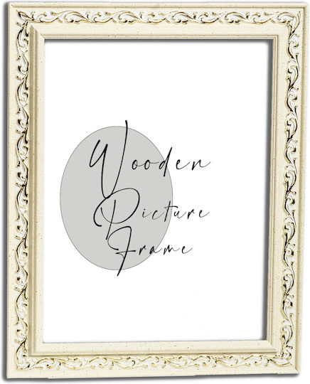 Wooden Wall Photo Frame White Ecru Golden Details On Carvings Matte Glass K2202/3 Photo 50cmx70cm