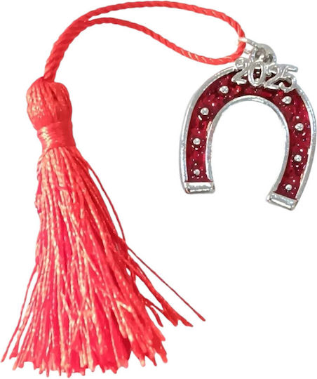 Handmade New Year's Lucky Charm 2025 Tassel Horseshoe Burgundy Silver 2.7x3.5cm