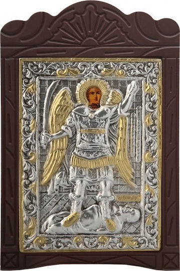 Holzgeschnitztes "Erzengel Michael O Panormitis" Heiligenikone mit Silberfolie 925 Lokale Vergoldung Kode 204 19x29