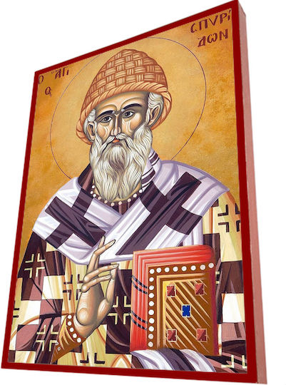 Saint Spyridon Classic Byzantine Icon in Terracotta Red with 19cm Ribbon