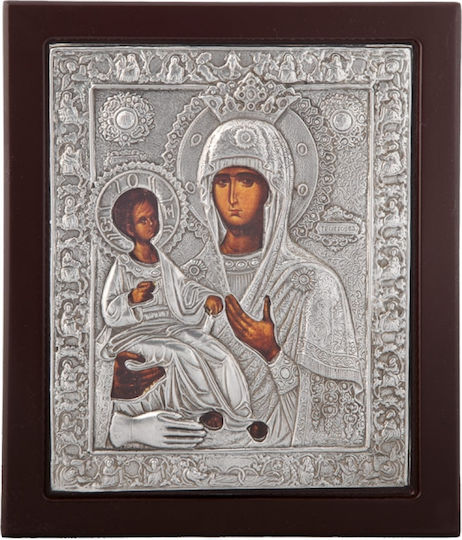Image of Holy Mary Tricherousa Black Wood Silver Leaf Cover 925 Code 103 15x18cm
