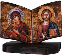 Icoană din Lemn cu Reprezentarea Bisericii Fecioara Maria și Iisus Hristos 30x25 Cm