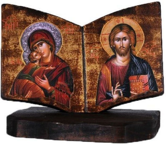 Icoană din Lemn cu Reprezentarea Bisericii Fecioara Maria și Iisus Hristos 30x25 Cm
