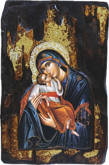 Icoană din Lemn cu Fecioara Maria și Iisus Hristos 38x25 Cm