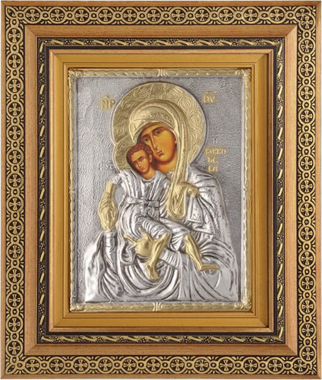 Heiligenikone "Panagia tou Kykkou" Silberblatt 925 Lokale Vergoldung Code 801 32x38