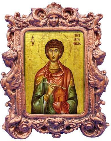 Saint Panteleimon Ceramic Gilded Baroque Frame 20cm
