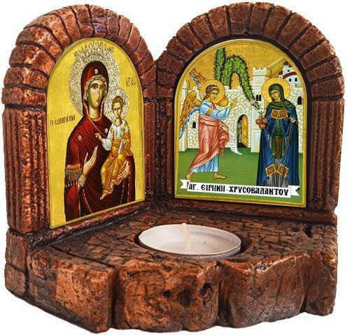 Saint Icons of Panagia Odigitria and Saint Irini Chrysovalantou – Diptych Ceramic Candle Holder Reso 13cm