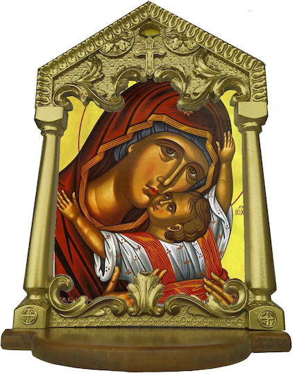 Heilige Maria Kardiotissa – Handgefertigtes Vergoldetes Keramik Eikonostasi Mit Holzbasis 42cm