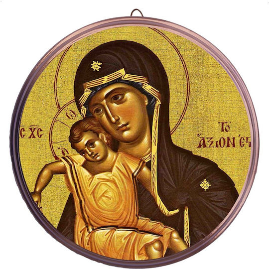 Panagia Axion Esti Round Ceramic Wall Icon Bronze 12cm