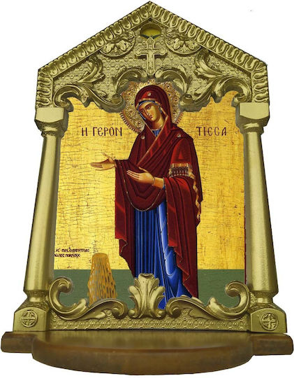 Holy Mary Elderly Woman – Handmade Gold-Plated Ceramic Icon Stand Wooden Base 42cm
