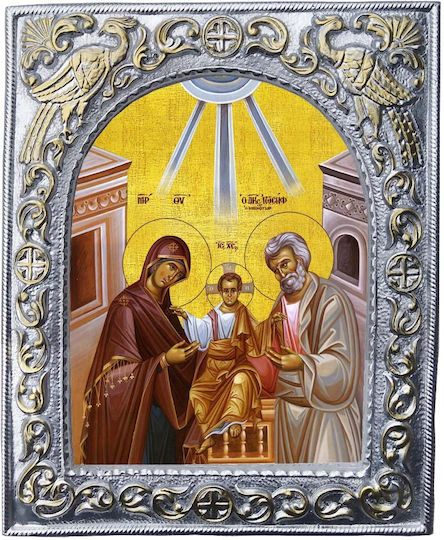 Holy Family – Silvered Ceramic Religious Icon with Church Frame 23cm