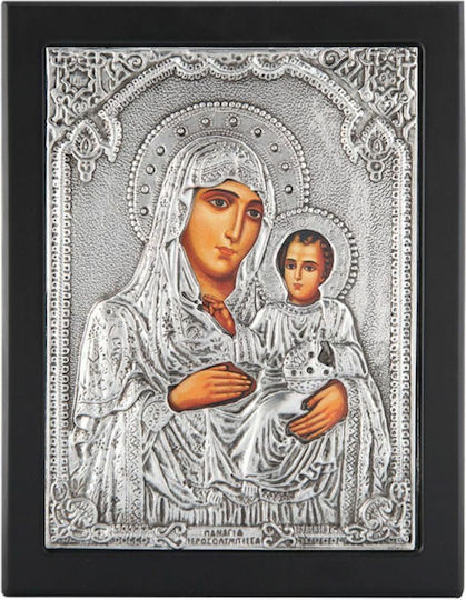 Heiligenikone "Heilige Maria Jerusalem" Schwarzes Holz Überzug Blatt Silber 925 Code 105 23x28cm
