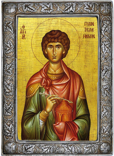 Saint Panteleimon – Silver Religious Icon with Church Frame 24cm