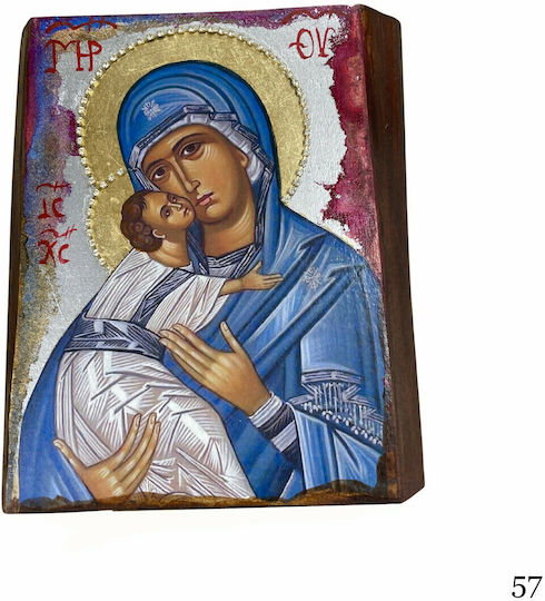 Icoană din Lemn Tehnică Mixtă Corp Natural 24,0 X 21,0cm Fecioara Maria Parămitiei Cod57