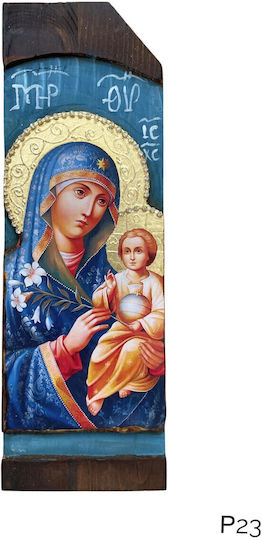 Wooden Saint Icon Mixed Technique Natural Trunk 30.0 x 10.0cm Holy Mary R23