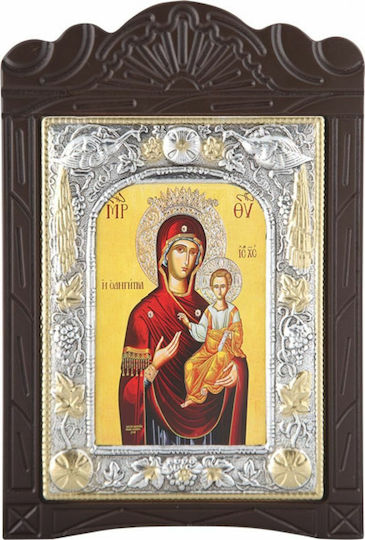 Дърворезба "Дева Мария Одигитрия" Покритие Листо Сребро 925 Местно Позлатяване Код 204 19x29