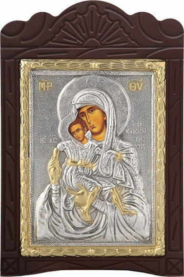 Icoană Din Lemn Sculptat "Fecioara Maria De La Kykkos" Acoperire Cu Foita De Argint 925 Aurire Locală Cod 204 19x29