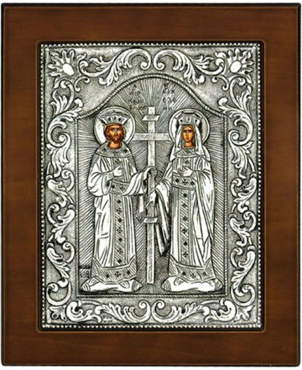 Saint Icon Sts. Constantine Helen Coated Silver 925° Brown Wood 17x14