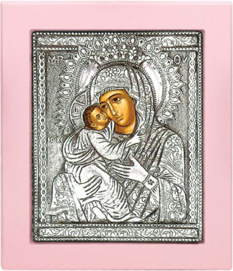 Holy Mary Sweet Kissing Byzantine Saint Icon Coated Silver 925° Pink Wood 17x14