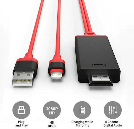 Cable HDMI male - Lightning male / USB-A male 2m Κόκκινο