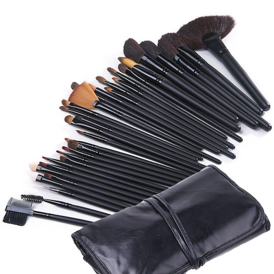 32 Professional Makeup Brushes Black Natural Bristle Case Beautyeware Black
