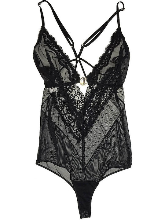 Freemove Sexy Schwarzes Bodysuit-String Tüll Spitze 18501