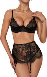 Gigi Sexy Lingerie Set Satin Lace Bra Underwire High Waist Garter Thong