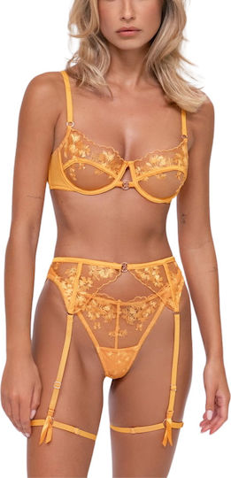 Everlee Embroidered Floral Transparent Sexy Set 4 Pieces Underwire Thong Garters & Stockings