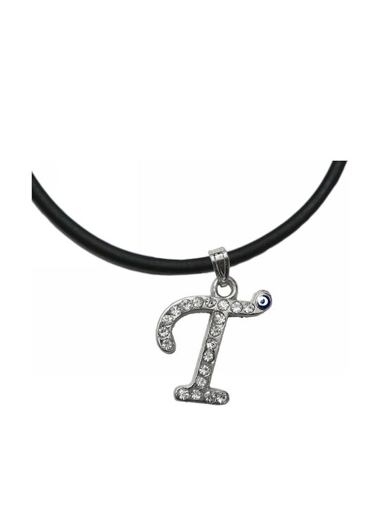 Handmade Metal Silver Monogram T Necklace T Strass Blue Evil Eye Tatu Moyo 1034-501at