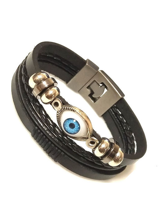 Βραχιόλι Ανδρικό Δερμάτινο Charms Μάτι Black Steel