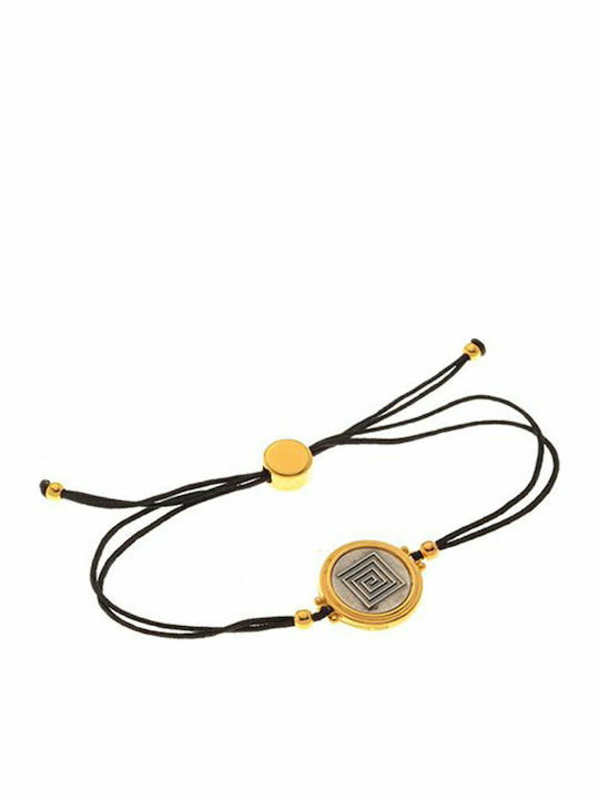 Women's Two-Tone Bracelet Silk Black Cord Meander Silver 925°