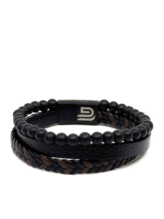 Leather Bracelet Stainless Steel Black Natural Stones