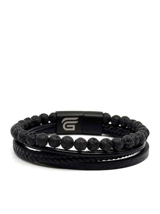 Leather Bracelet 21 Cm Stainless Steel Black Volcanic Stones