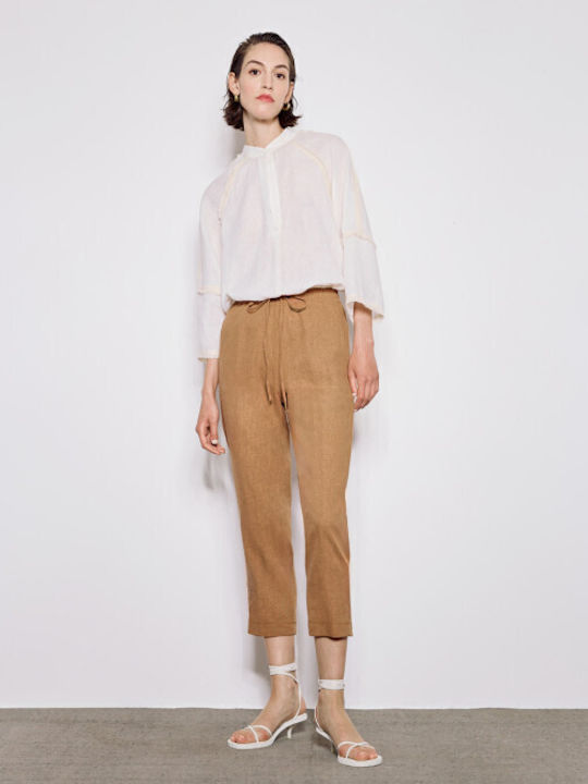 Damen Stoff Capri Hose mit Gummizug Choco