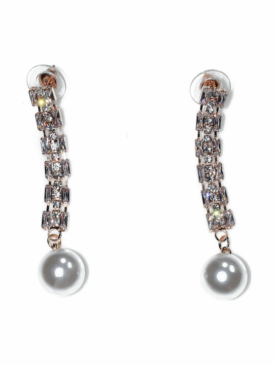 Earrings Folli Follie Brass Studs Long Pearls White Crystals Rose Gold Bz-er-00608