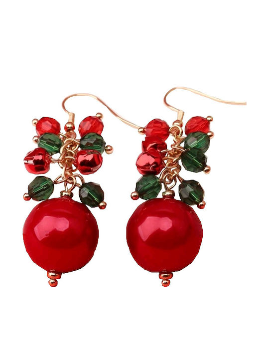 Tatu Moyo Handmade Christmas Gold Plated Metal Earrings Red Ball Red-Green Stones 6cm
