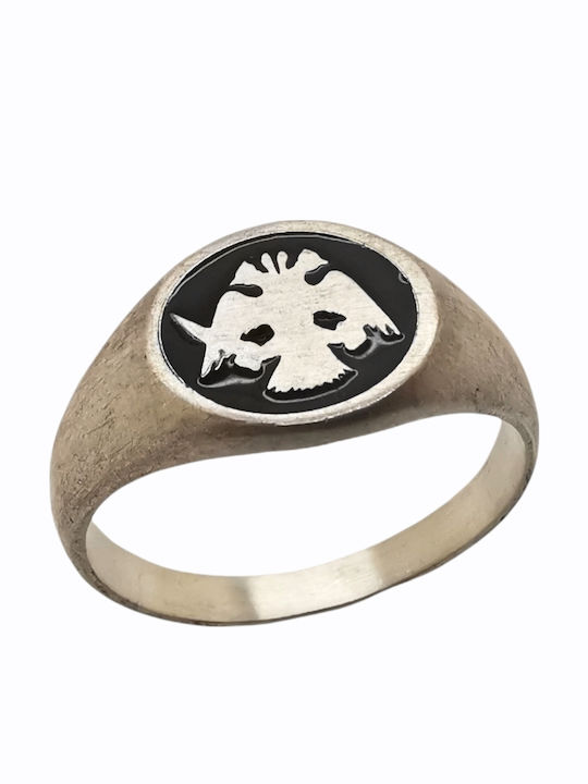 Men's Silver 925 Ring Double-Headed Eagle Emblem AEK Black Enamel