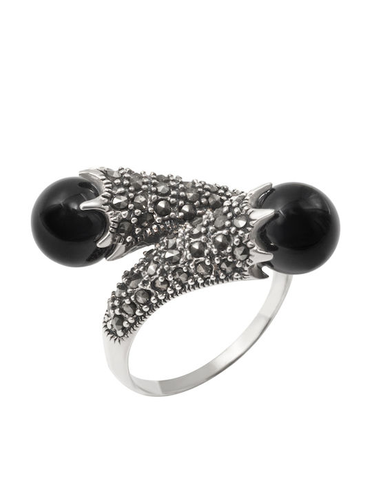 Silverline Inel Argintat Pentru Femei Cu Onix Negru Și Pietre Minerale Marcasite