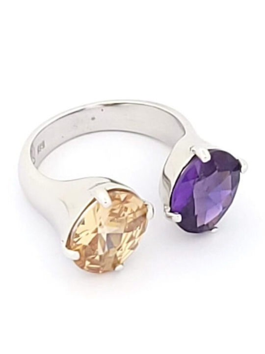 Inel Pentru Femei Din Aur Alb K14 Cu Zircon Mov Galben Cod 104663