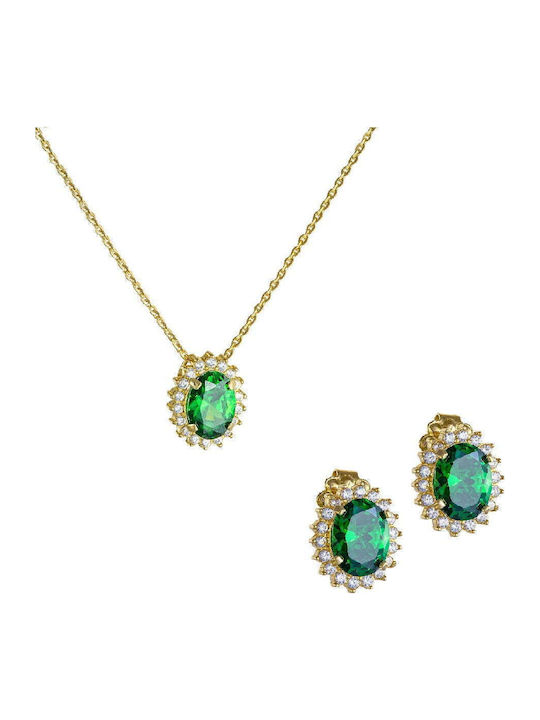 Jewelry Set Necklace & Earrings Rosette Oval Green Central Zircon Stone & White Round Perimeter Set-22101y