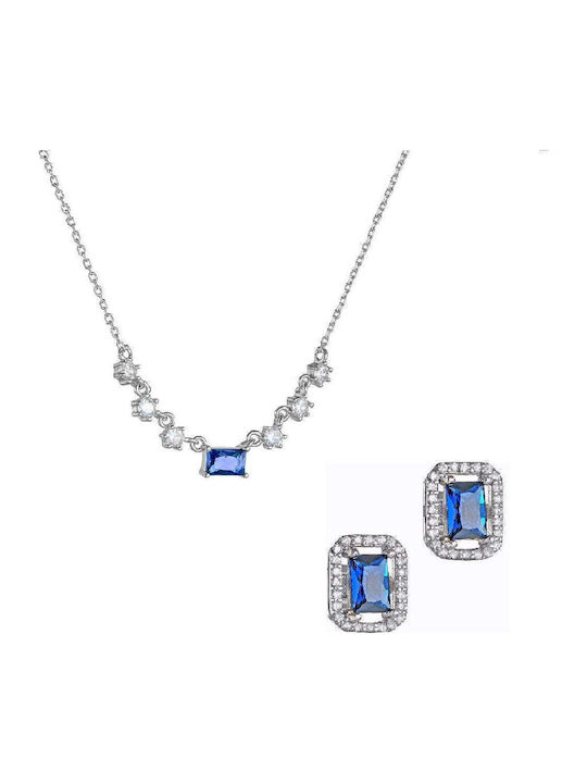 Set De Bijuterii Argint 925 Format Din Coliere Și Cercei Cu Pietre Albastre Zirconiu Tăiat Baguette Și Rotunde Albe Set-22088w