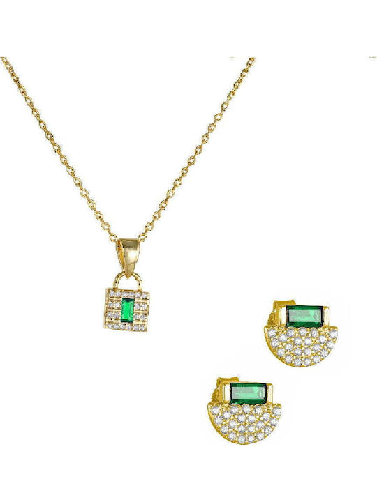 Schmuckset aus 925er Silber Vergoldet Grüner Zirkon Steine Baguette- und Runde Weiße Set-22083y