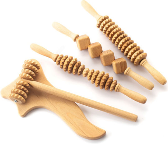 Maderotherapy Wooden Massage Tools Set of 5 for Cellulite 3x Massage Roller 40cm 1x T-Roller 37x13cm 1x Spatula 33x16cm 1x 5cm