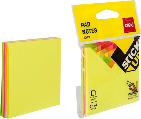 Deli Memo Pads Sticky Blister 4x25 Sheets 76x76mm Stick Up Assorted 12 Pieces Sold Individually