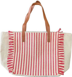 Плажна Чанта Im Linen Бежова На Райета Червена Кафява Ръкохватки 56x33x19см Плажна Чанта Im Linen Бежова На Райета Червена Кафява Ръкохватки 56x33x19см
