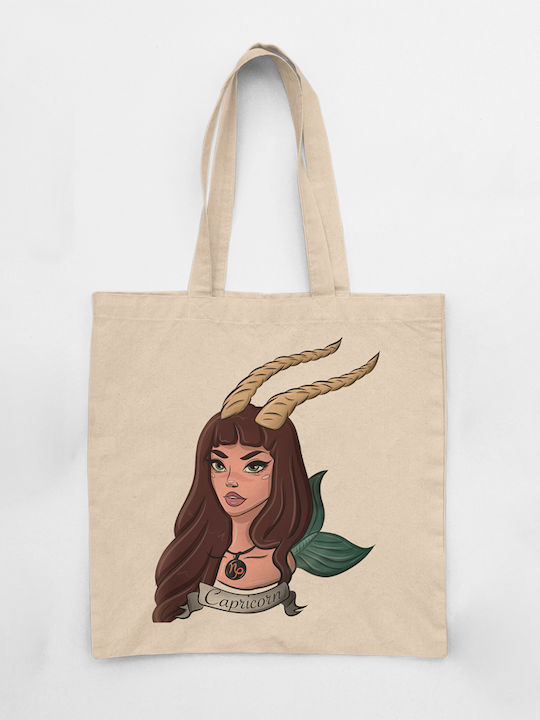 Cotton Fabric Shoulder Bag Ecru Zodiac Capricorn