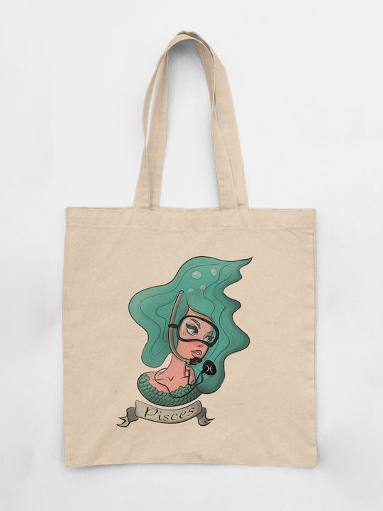 Cotton Fabric Shoulder Bag Ecru Zodiac Sign "Pisces"